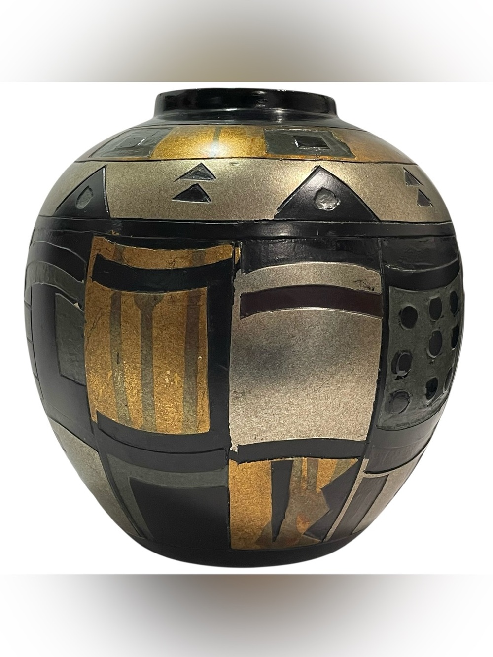 Vintage 1970s Super Satsuma Japan Modernist Porcelain Vase Black, Silver, Copper